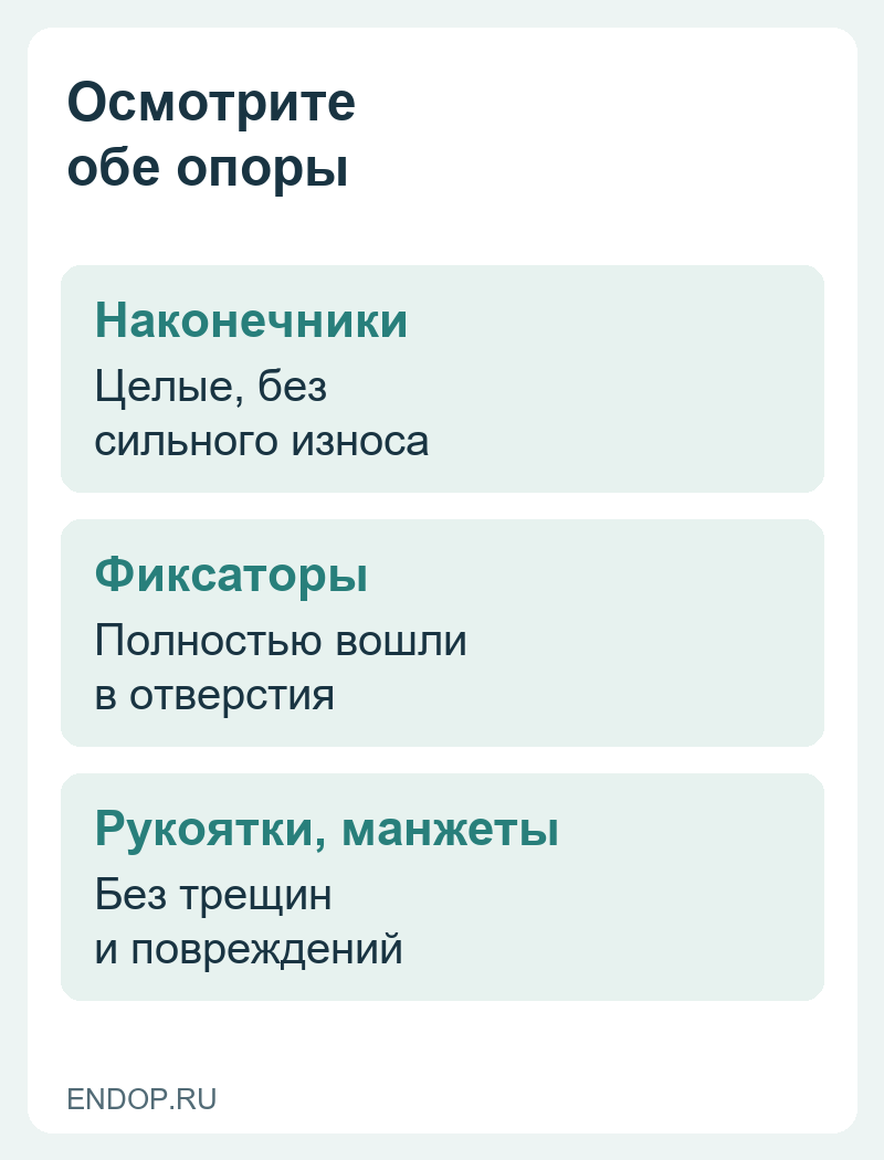 Проверка костылей: наконечники, фиксаторы, рукоятки и манжеты